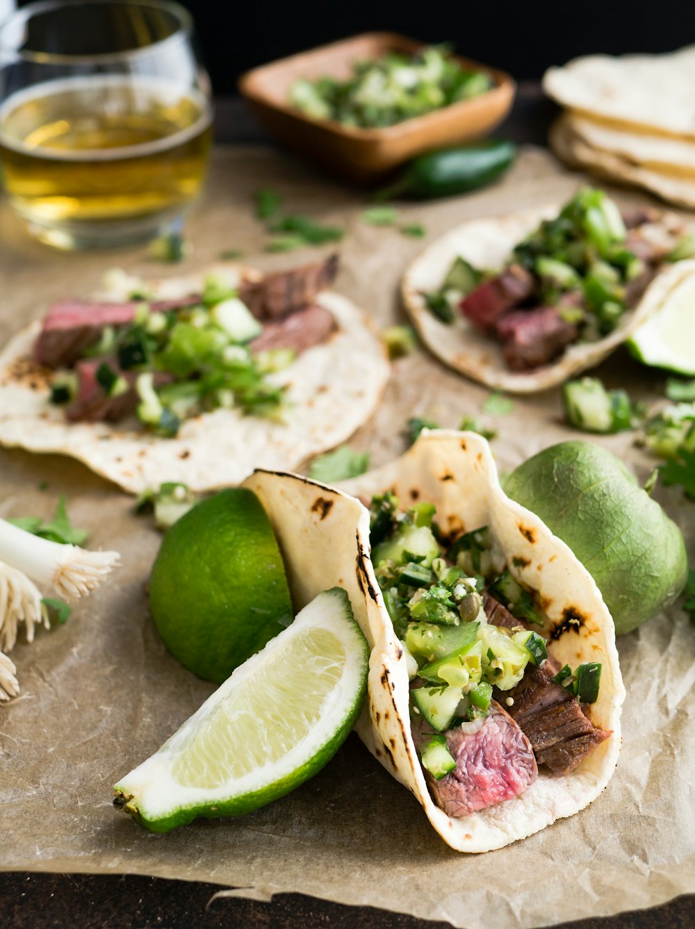 Stock photo of steak tacos with lime